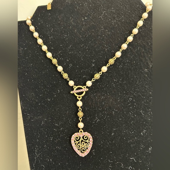 1928 drop statement necklace with simulated pearls and pink rhinestones - Picture 4 of 8